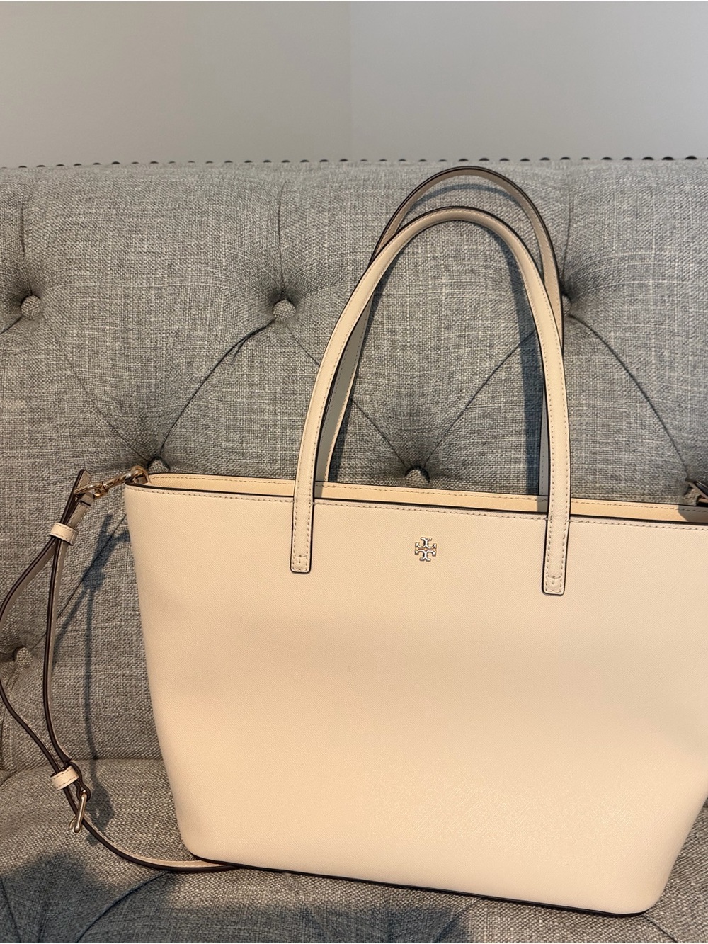 Tory Burch Cream Saffiano Leather Tote with Crossbody Strap